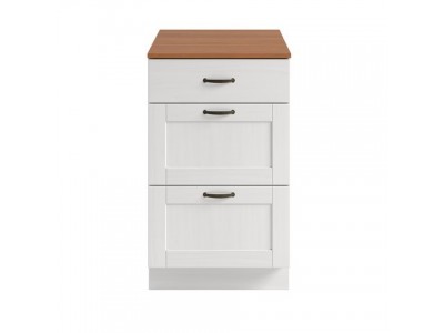 Armário bancada para cozinha com três gavetas na cor branco lavado com honey / coleção Alma